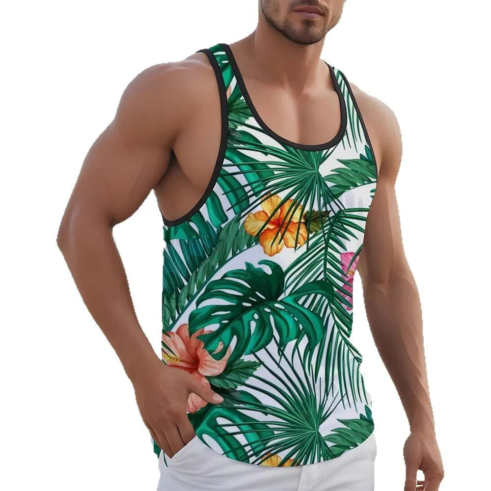 Men's Hawaiian style 3D printed sleeveless vest t-shirt in polyester fabric