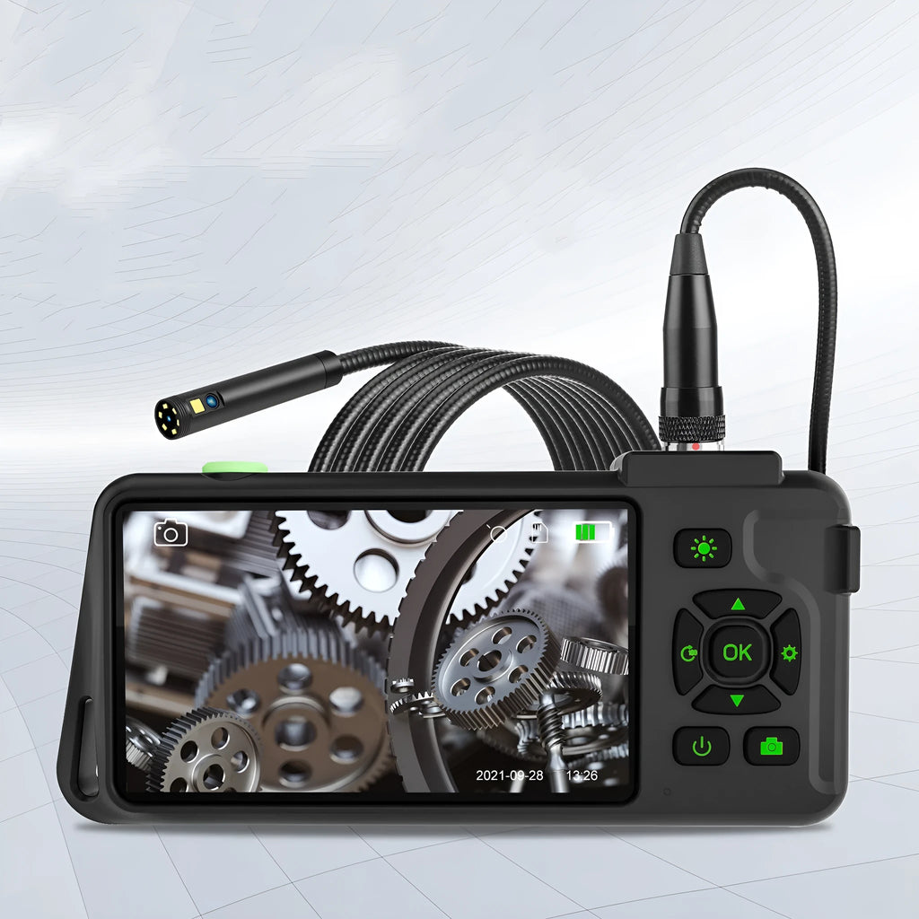 Handheld industrial endoscope with 4.5-inch LCD screen and a thin 5.5mm camera probe.