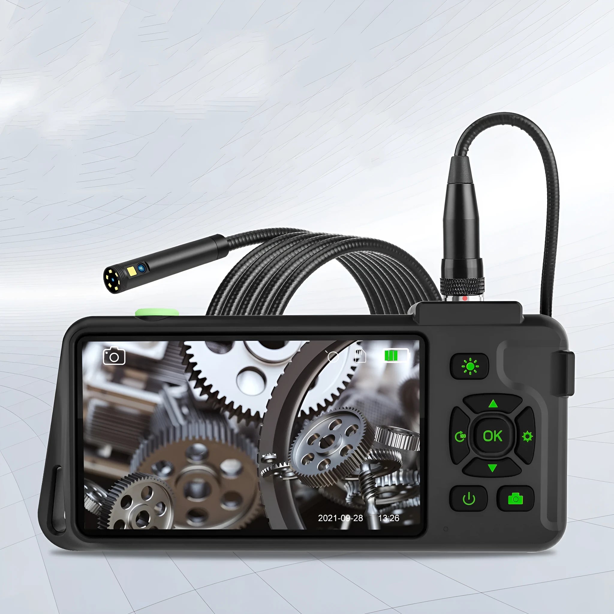 Handheld industrial endoscope with 4.5-inch LCD screen and a thin 5.5mm camera probe.