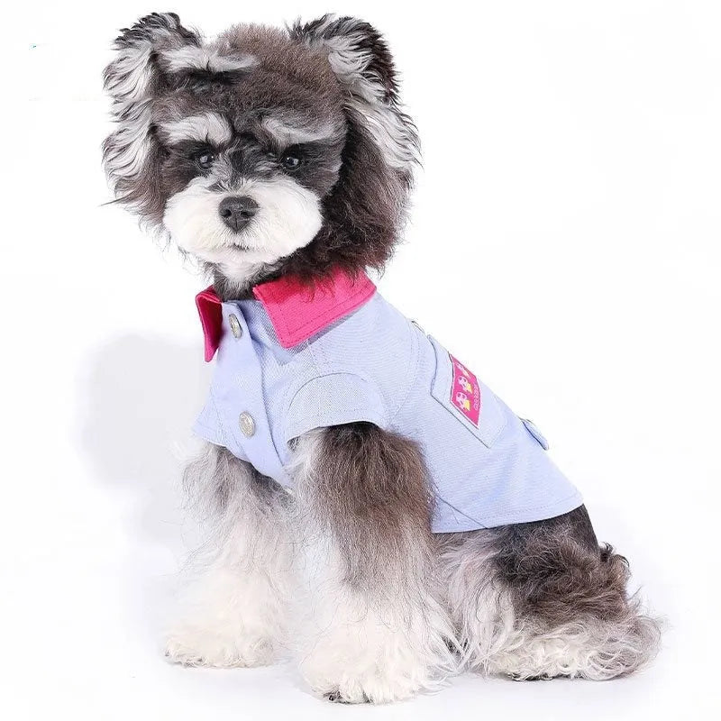 Blue and purple polyester summer vest for small dogs with integrated leash ring in seven precise sizes