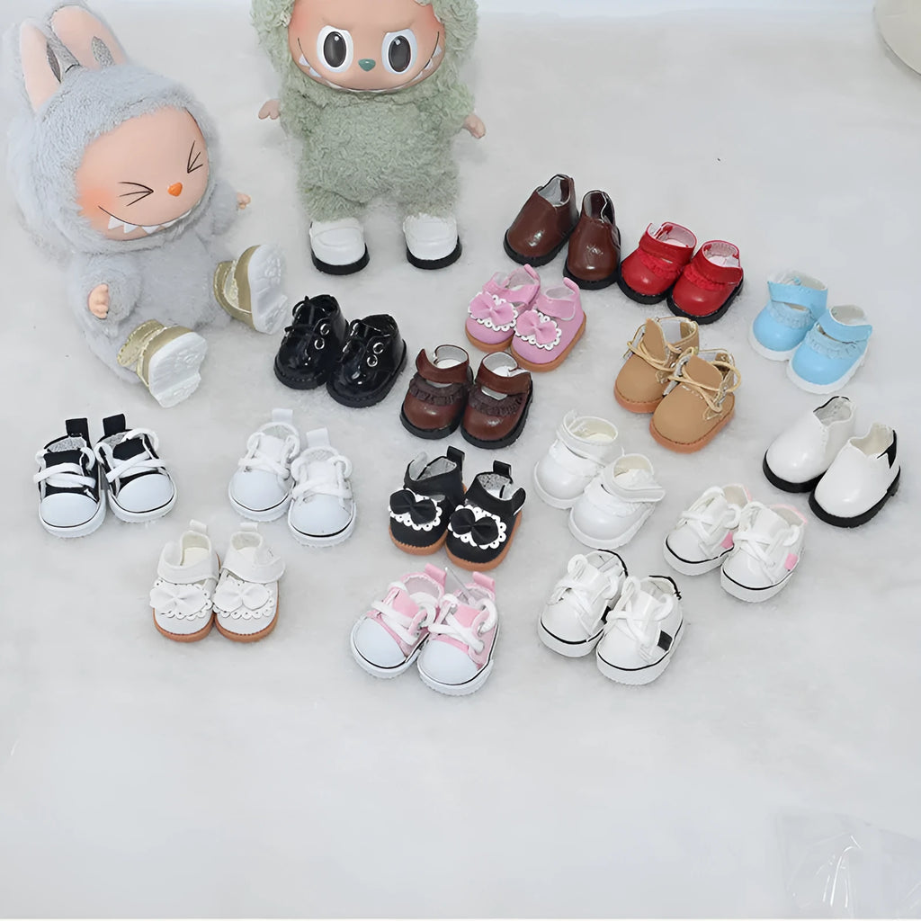 17cm scale doll replacement shoes in various PU styles including black boots and coloured flats