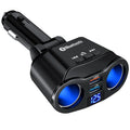 Black car Bluetooth FM transmitter with USB charging port plugged into a vehicle cigarette lighter socket