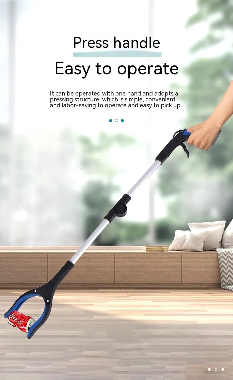 Foldable aluminium garbage clamp with magnet sucker extended to 80cm, showing blue handle option.