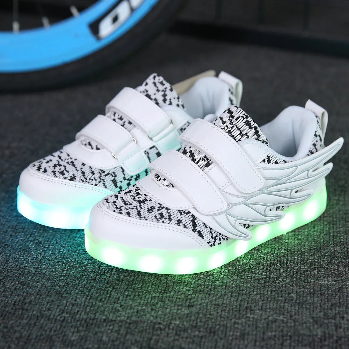 Children's plum red and white LED light-up shoes with USB charging port and hidden control switch