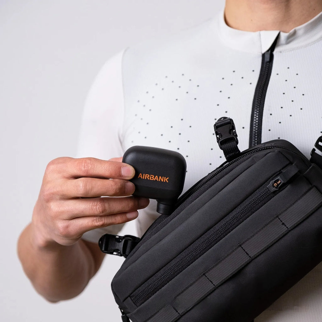 AS100 black electric bicycle pump with USB charging cable and waterproof bag
