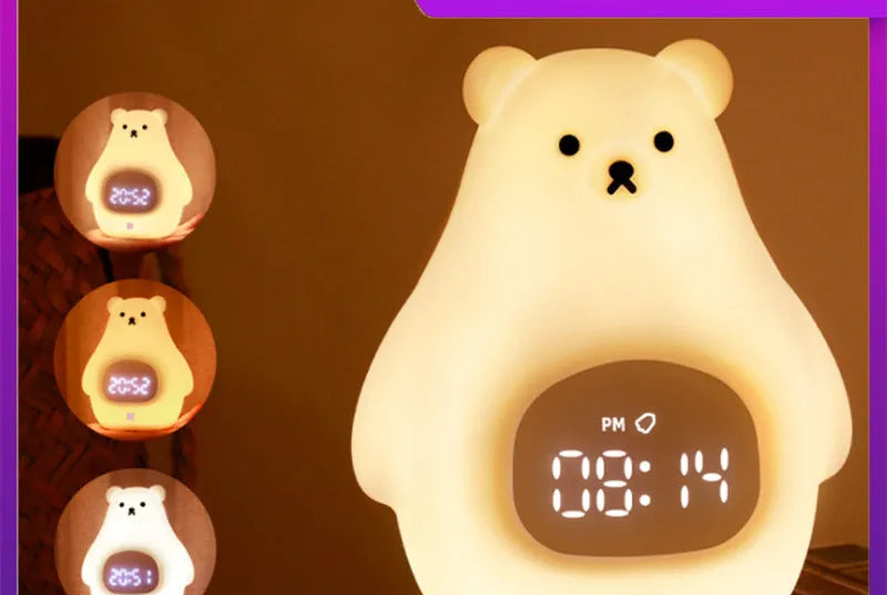 White bear-shaped silicone night light with remote control on a table.