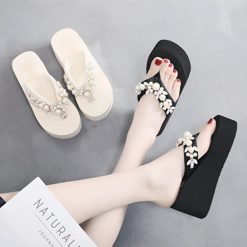 Women's high-heeled flip-flop sandals with a cotton cloth upper, shown in beige and black colour options.