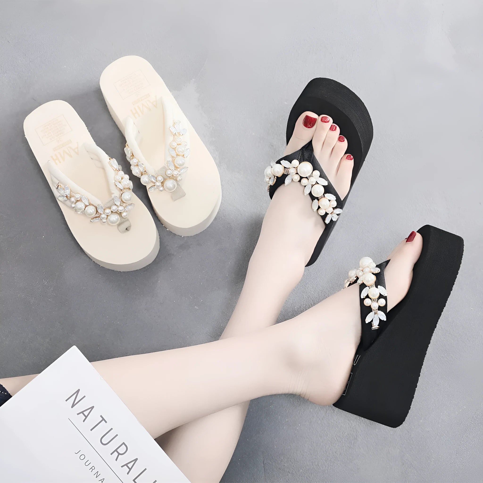Women's high-heeled flip-flop sandals with a cotton cloth upper, shown in beige and black colour options.