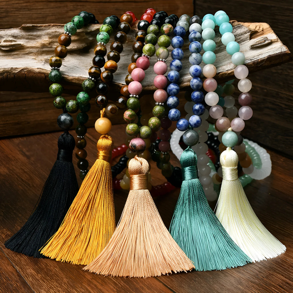 Handmade long beaded necklace with 108 natural stone tassels in bohemian style.