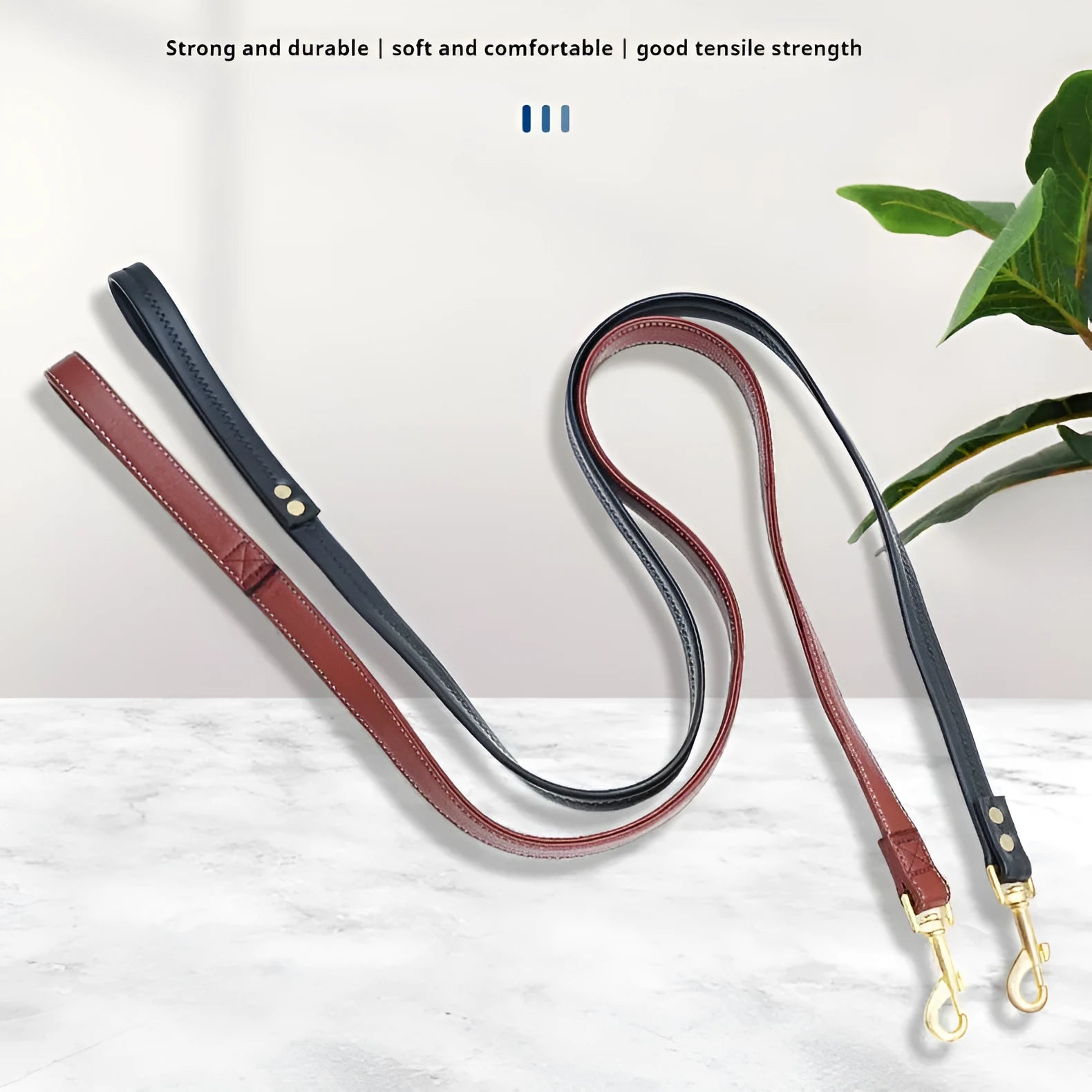 Roran PU leather dog lead in black or maroon showing buckle attachment and length options