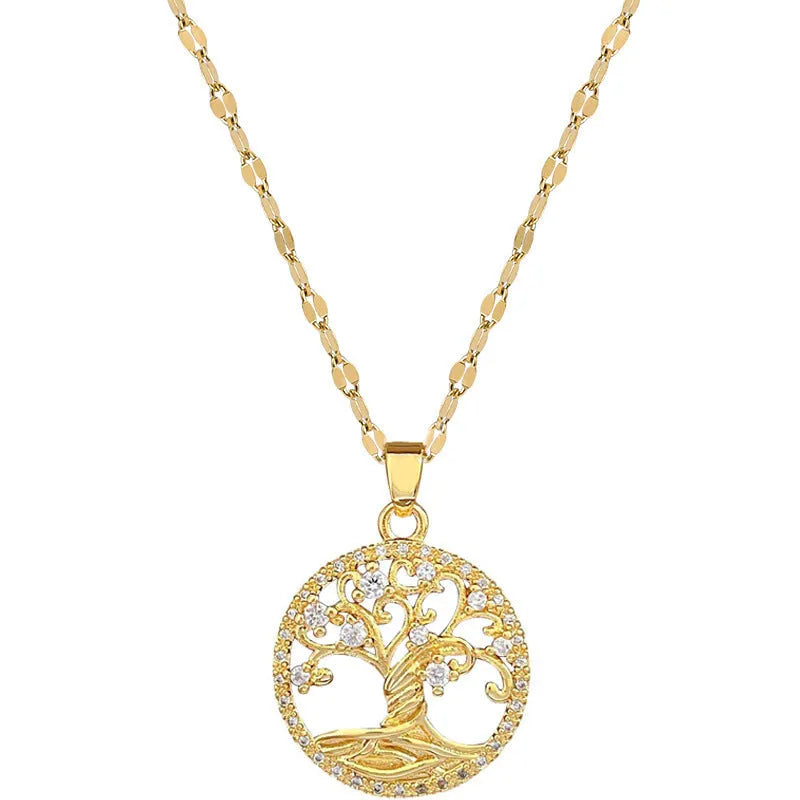 Gold-plated necklace with mother-of-pearl pendant and rhinestone cross design on adjustable lip chain