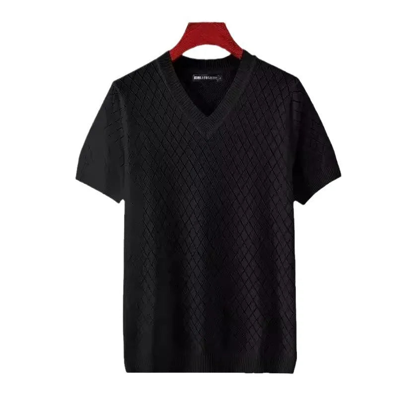 Men's ice silk V-neck t-shirt in black and white colour options with Korean-style design