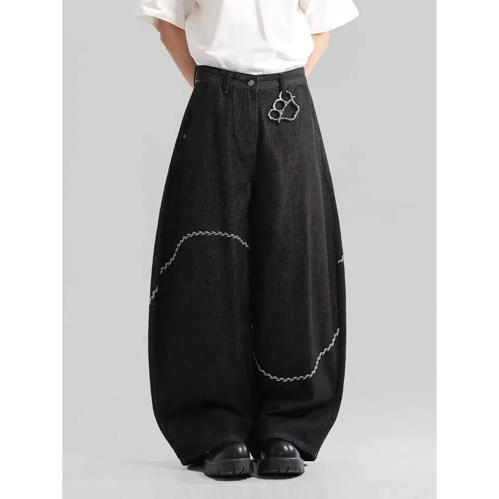 Black straight leg trousers in polyester denim fabric with micro-elastic properties for casual wear