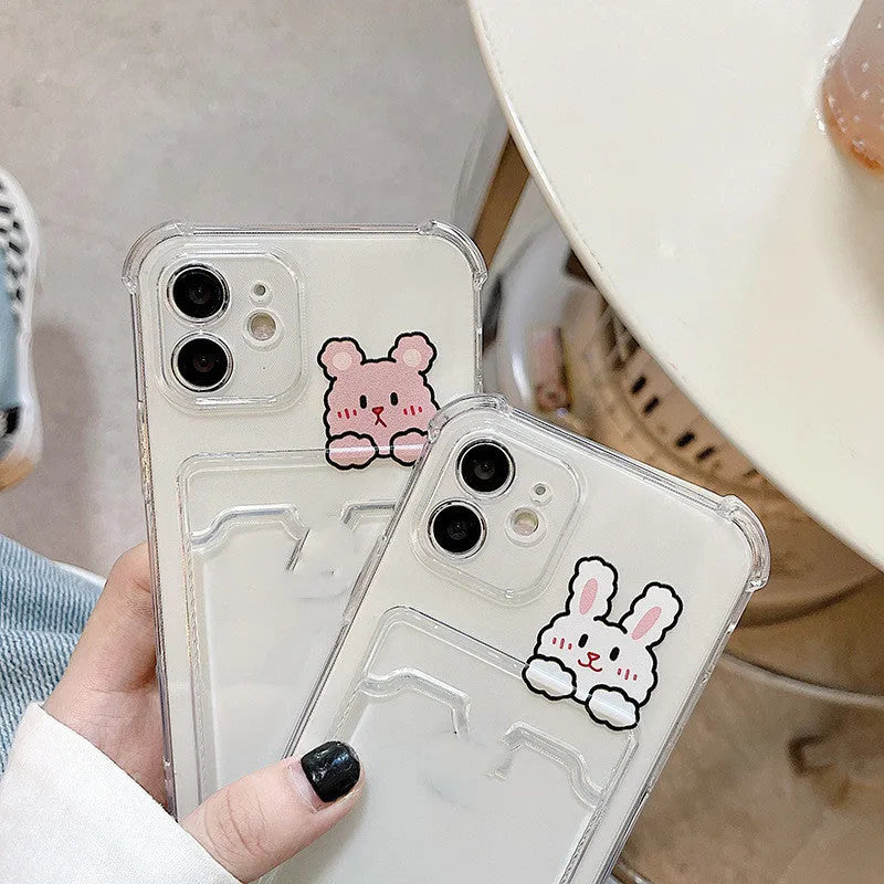 Clear cartoon printed iPhone case with card holder slot on the back.