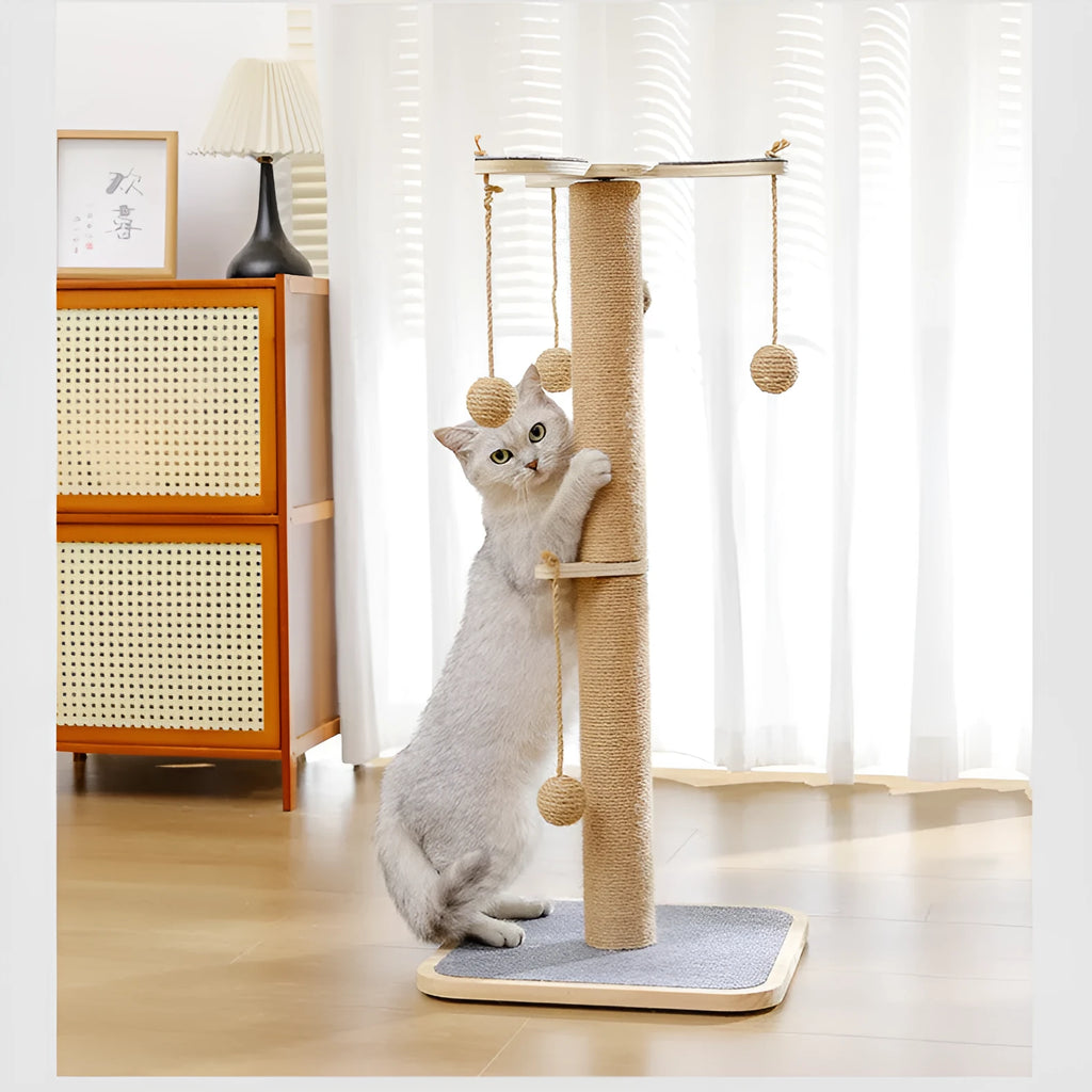 Windmill-coloured cat climbing frame with a hanging ball toy, made from pine wood and carpet leather.