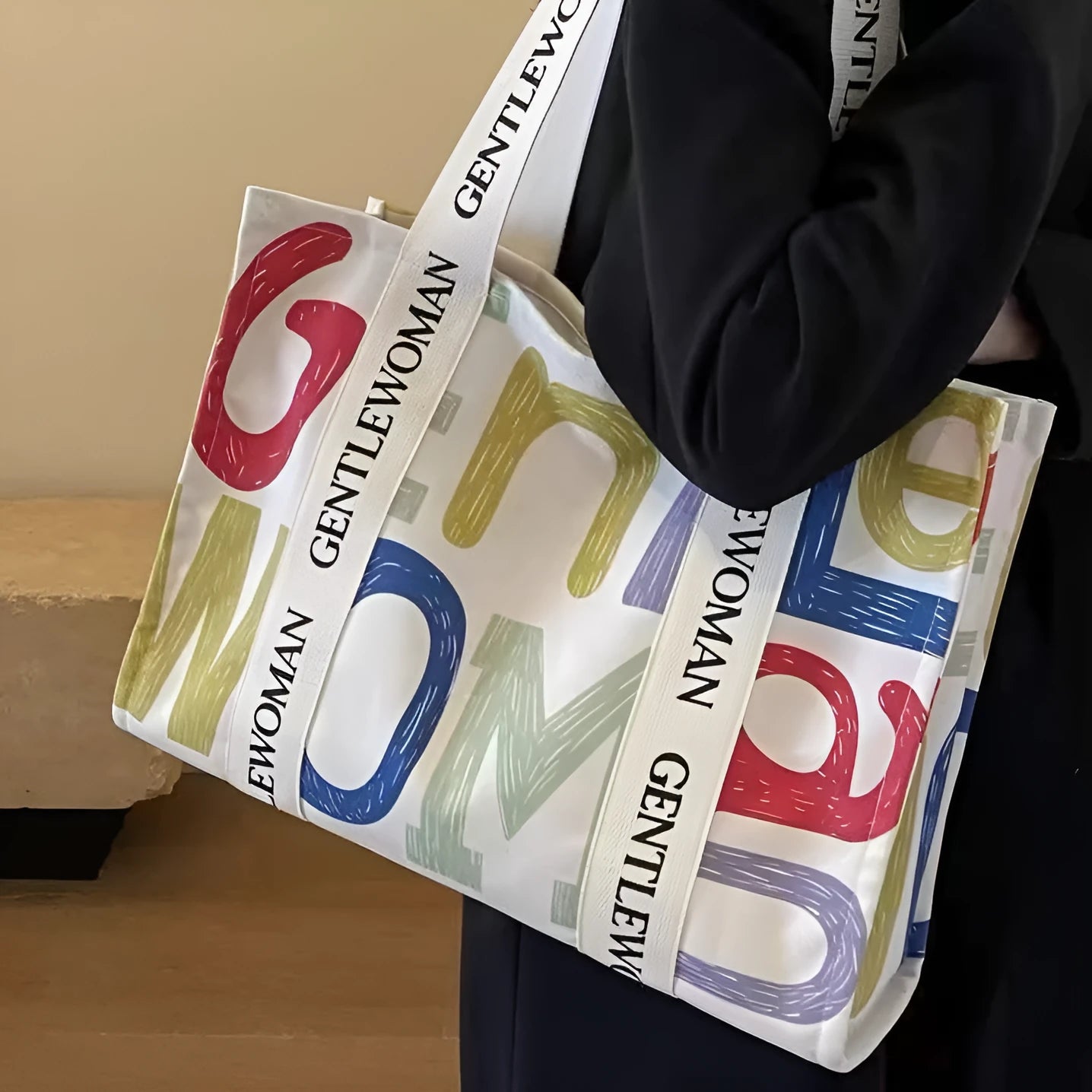 Large canvas shoulder tote bag with printed lettering or pattern design options