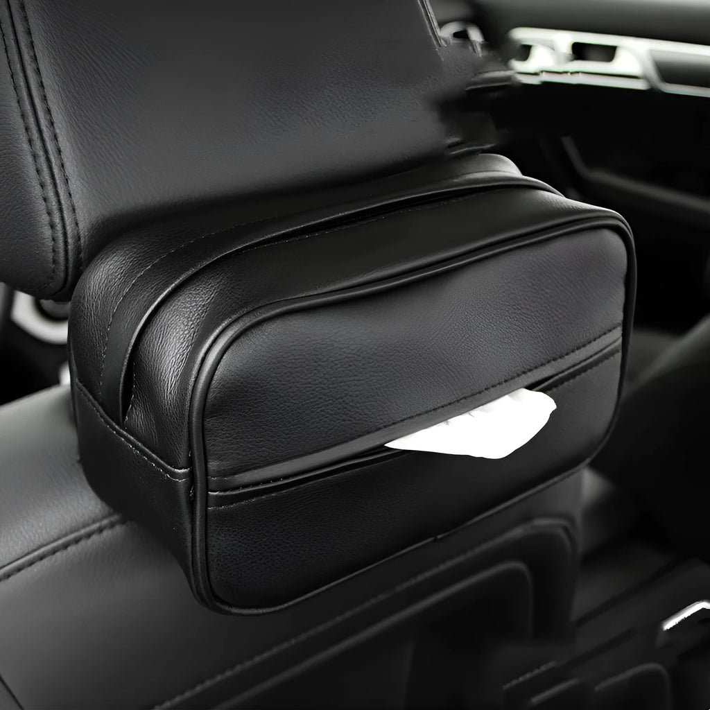 Black leather hanging organiser box with dimensions 230mm x 110mm x 90mm for car storage