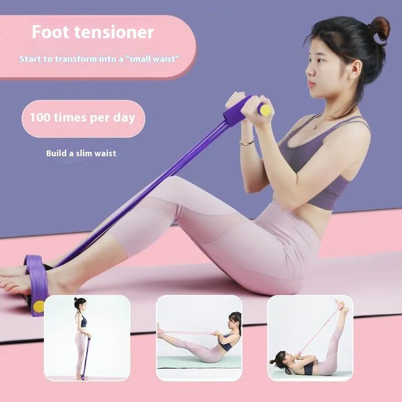 Yoga four piece fitness set showing leg beauty device, yoga ring, pedal tensioner, and figure eight tension rope.