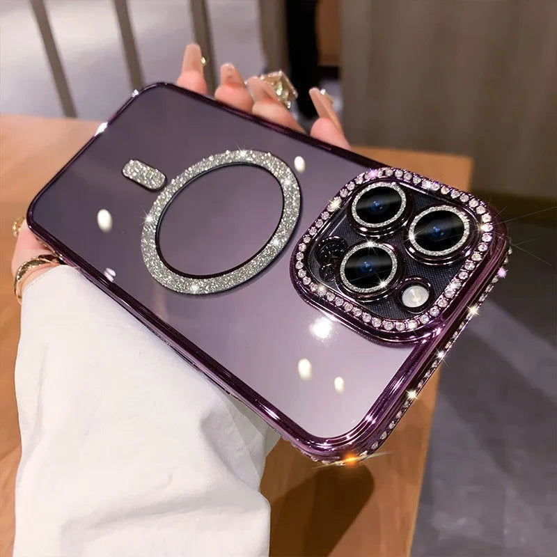 Wireless magnetic iPhone case with electroplated finish in deep purple, rose gold, space silver, and yuanfeng blue