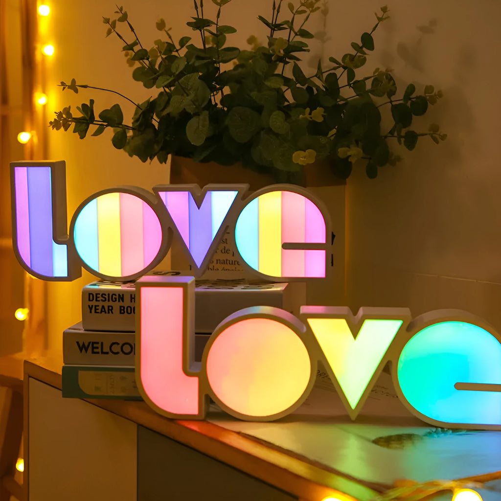 Rainbow LED LOVE decorative lamp with USB cable, measuring 35.5cm wide