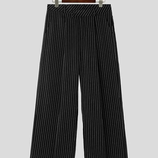 Black men's vertical striped pleated casual trousers with elastic waist