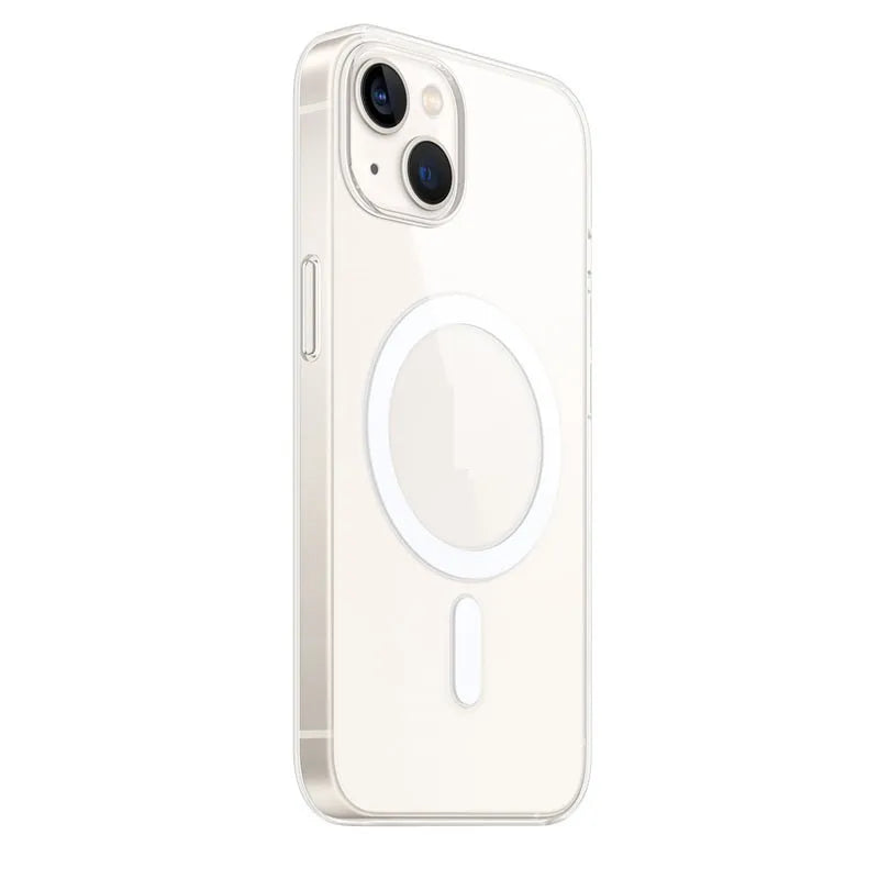 Transparent magnetic iPhone case showing MagSafe compatibility and clear polycarbonate back