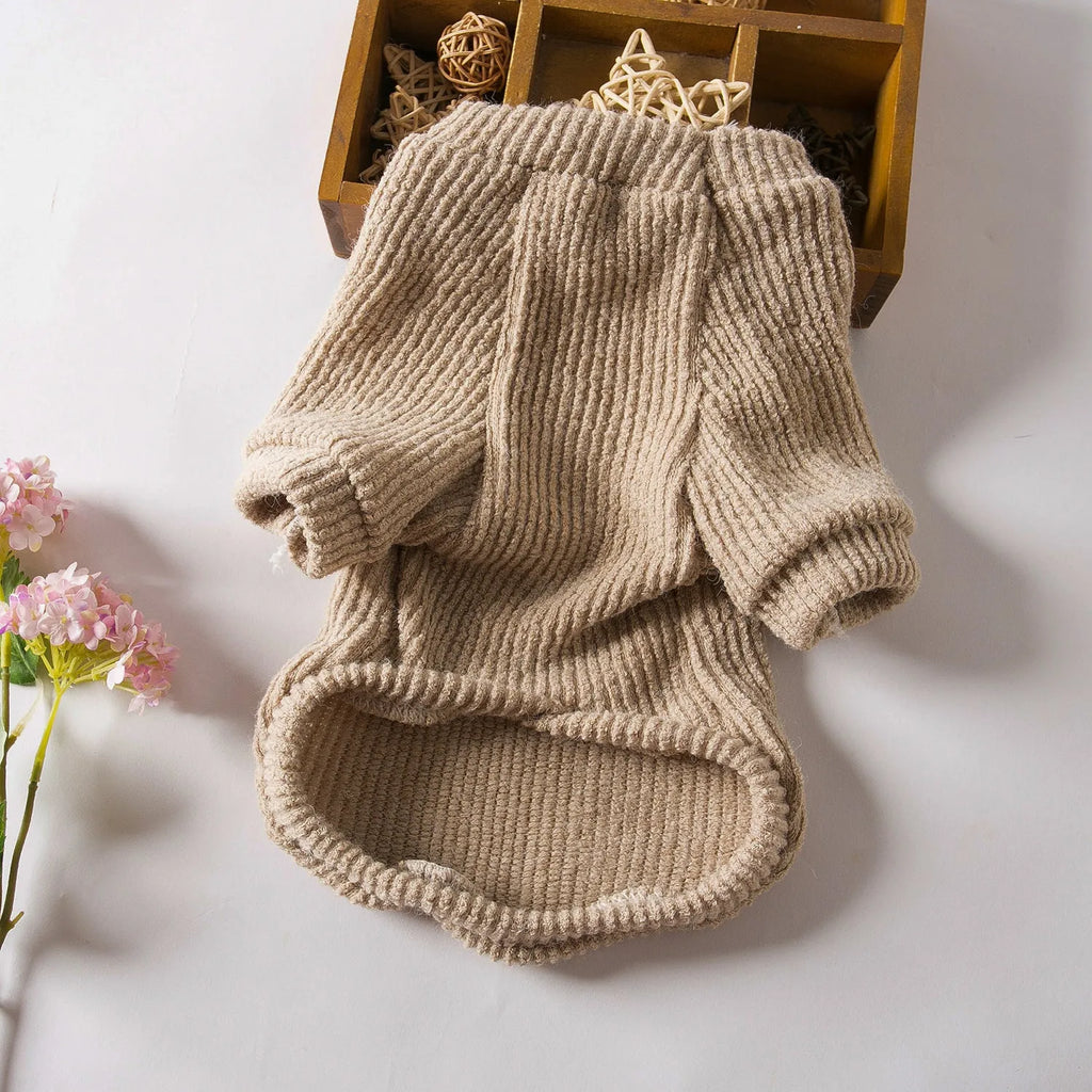Brown knitted dog sweater pullover on small dog showing cloth construction and casual style