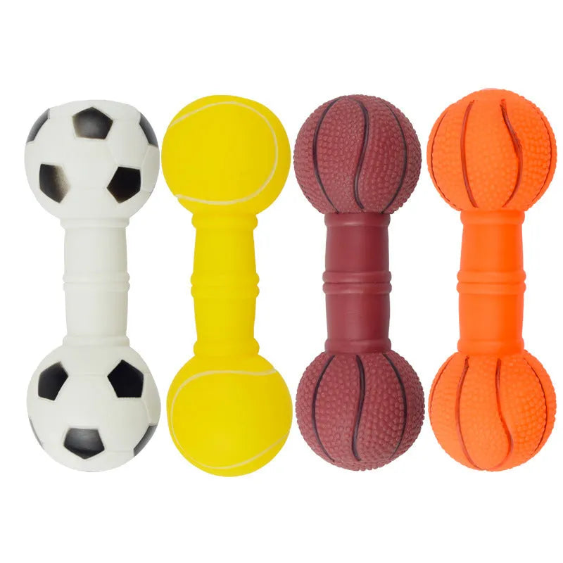PVC football dumbbell shaped squeaky dog toy in four colour options
