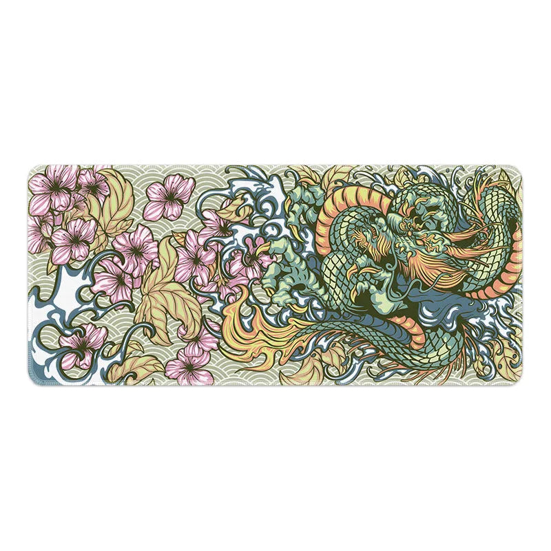 Esports dragon print cloth gaming mouse pad on a desk, showing non-slip base and Flower Dragon design.