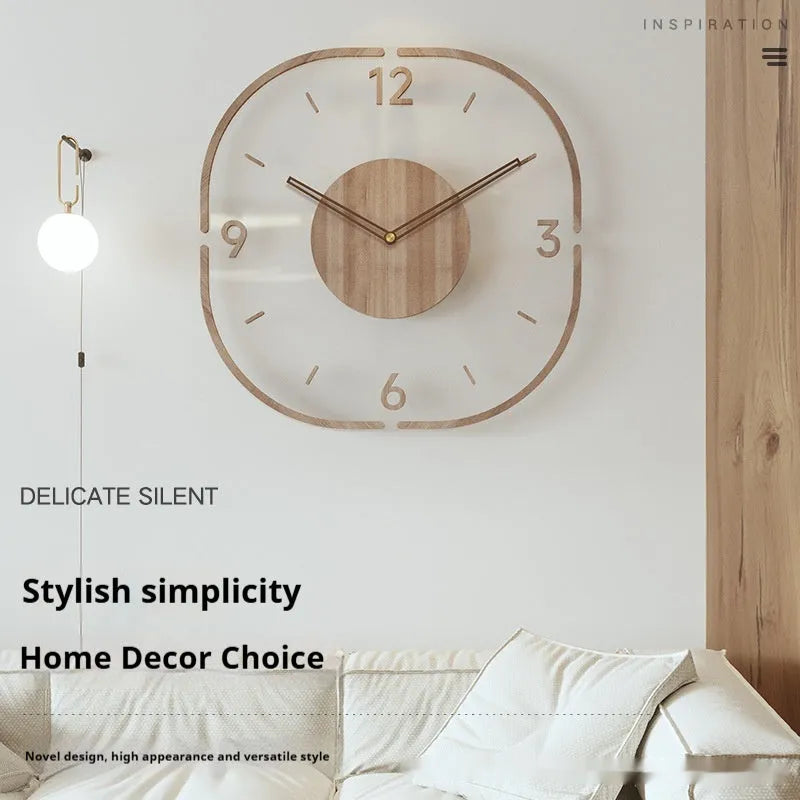 Transparent wooden wall clock with modern design measuring 35cm square