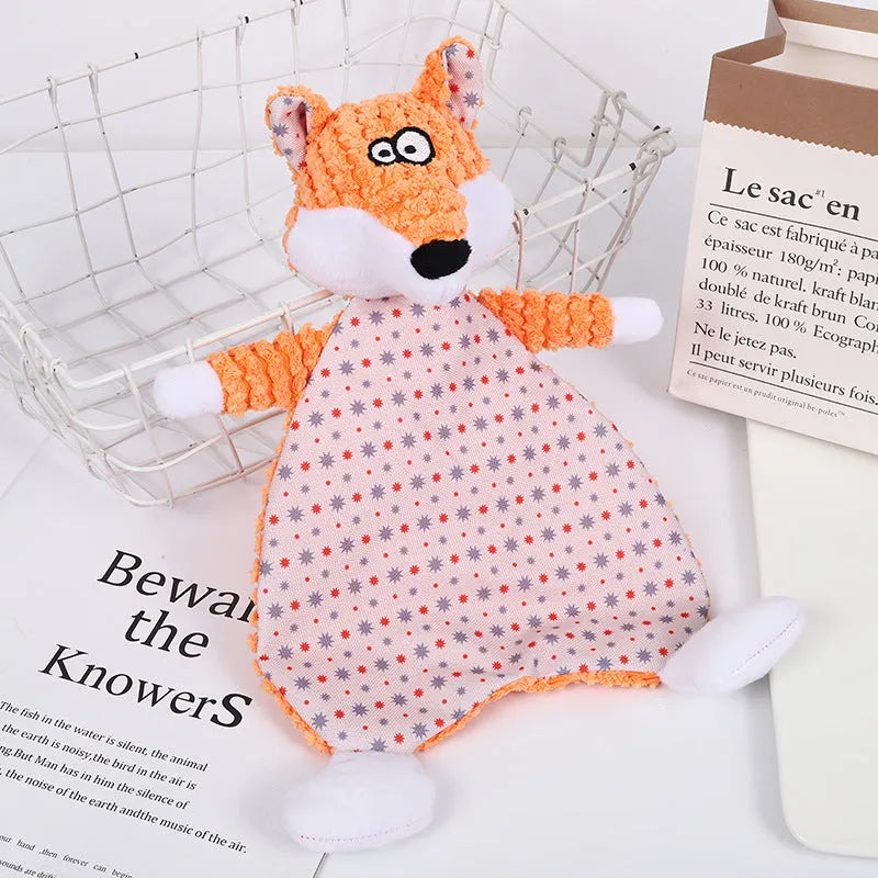 Brown and orange soft velvet pet stuffed toys shaped as an elephant and a fox for cats and dogs.