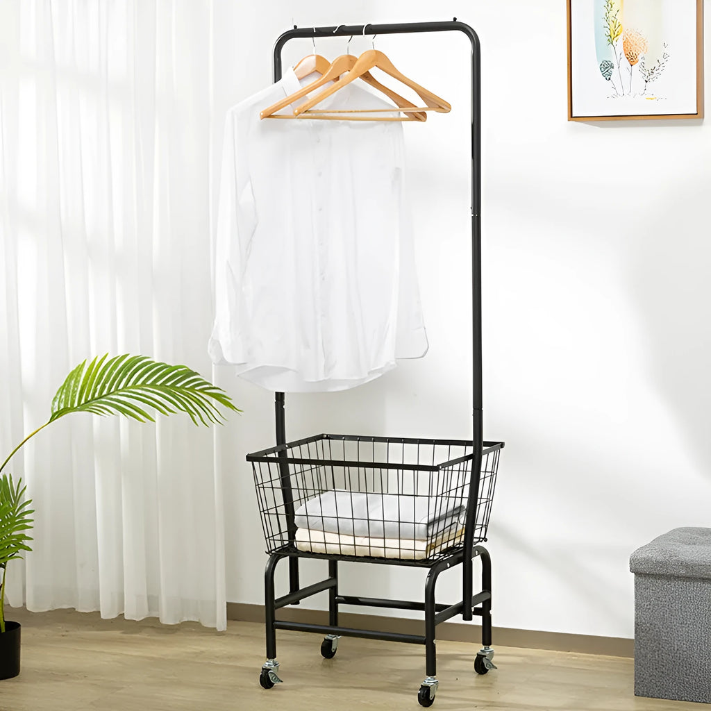 White iron single rod pulley storage car on an overhead track for wardrobe organisation.