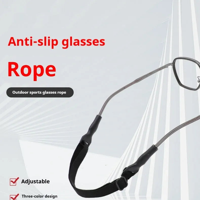 Black adjustable glasses cord with silicone tips attached to eyewear earpieces