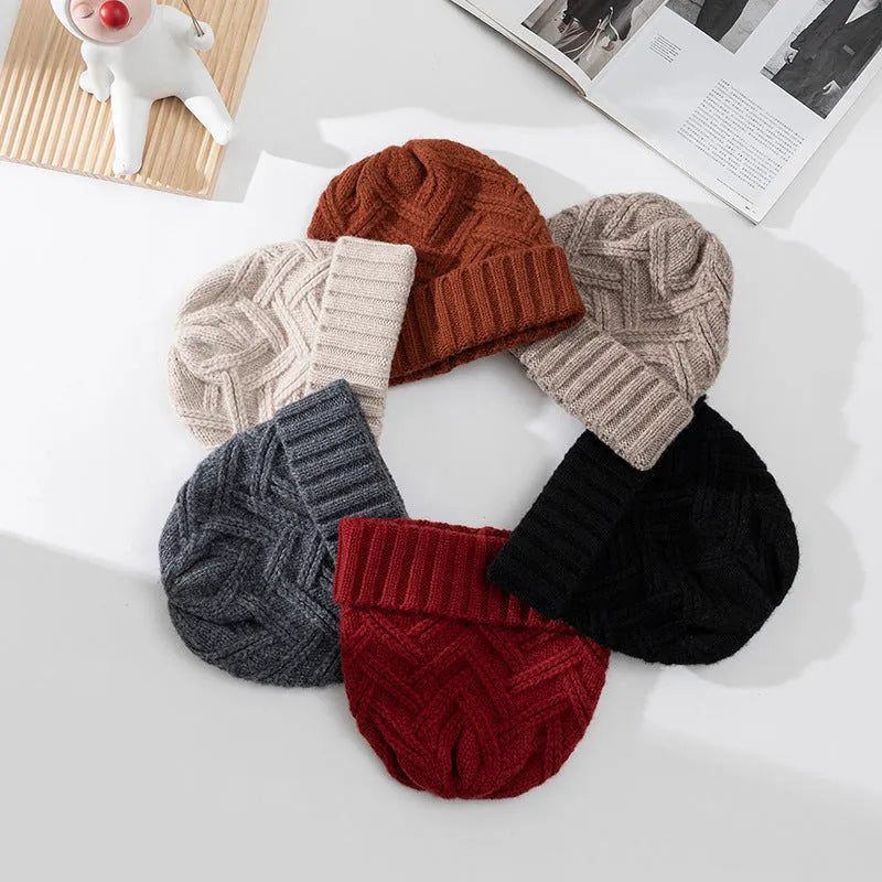 Women's wool knitted winter hat with dome crown in totem pattern, shown in ankela red colour
