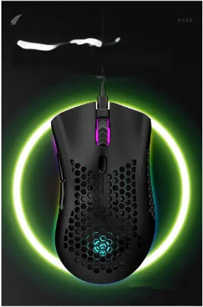 Wireless gaming mouse with hollow-out illuminated design in cyan colour showing ergonomic shape