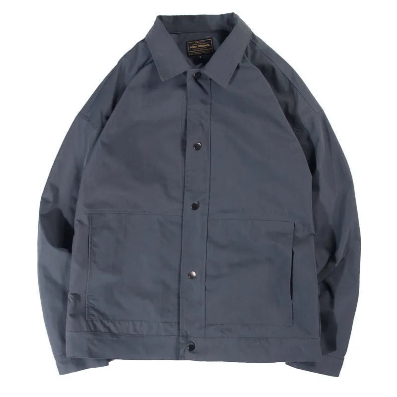 Korean style men's single-layer thin polyester jacket in light gray, shown on a model.