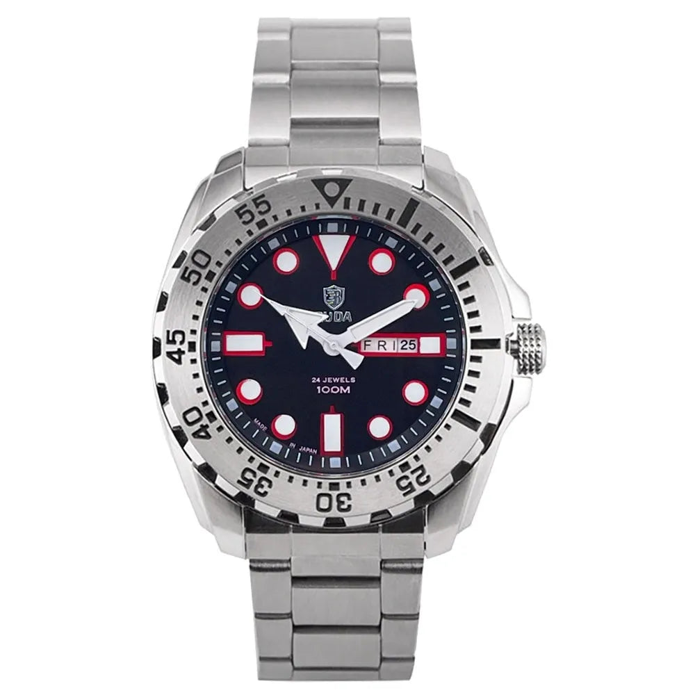 Men's waterproof sports watch with luminous dial and quartz movement on a steel strap.