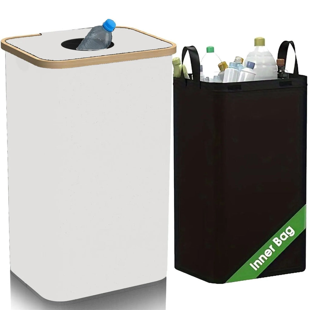 Black bamboo laundry basket with removable lid showing ventilation holes and inner mesh pockets