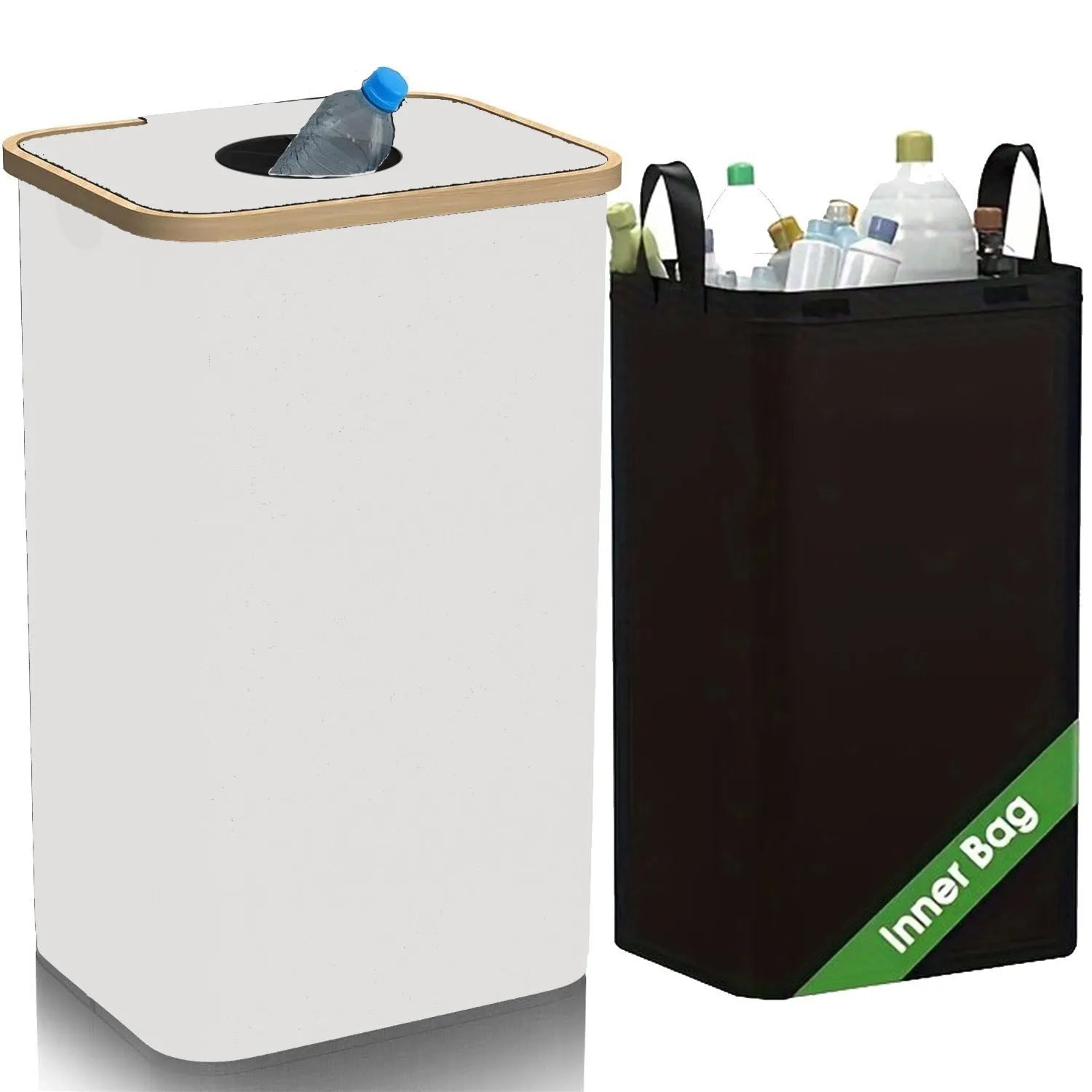 Black bamboo laundry basket with removable lid showing ventilation holes and inner mesh pockets