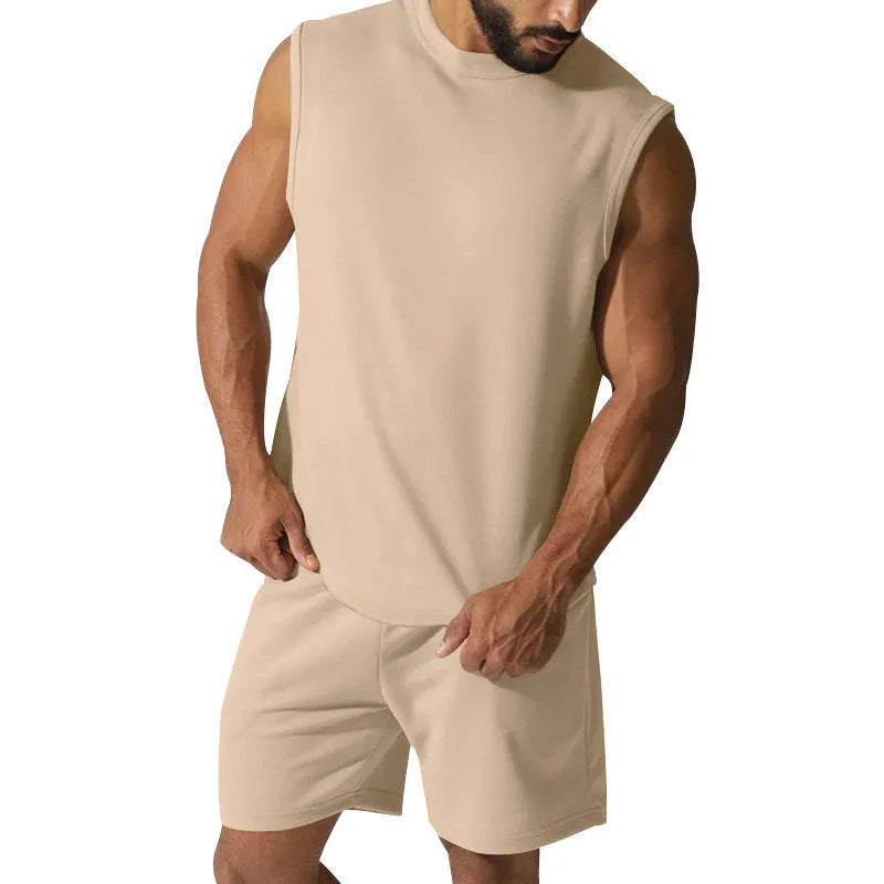 Men's sleeveless sports suit in cotton blend fabric with matching shorts