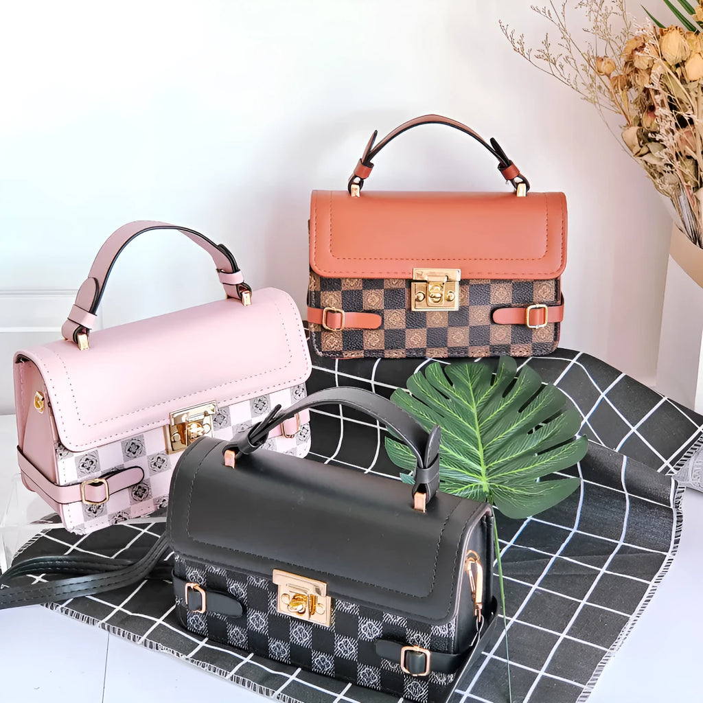 Retro ethnic crossbody bag with small square pattern and floral stitching in PU material