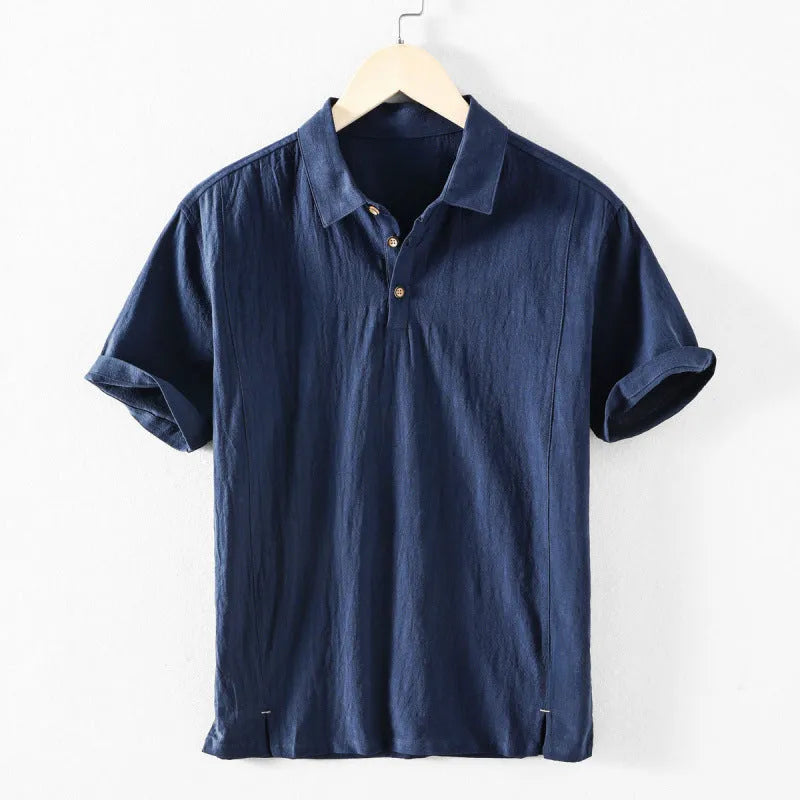 Men's cotton linen casual shirt in loose fit showing four colour options: milky white, navy blue, light grey, and sky blue