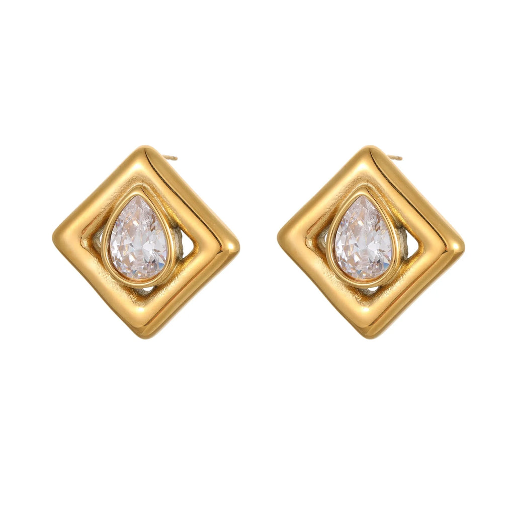 Gold electroplated stud earrings with geometric water drop zircon stone patterns