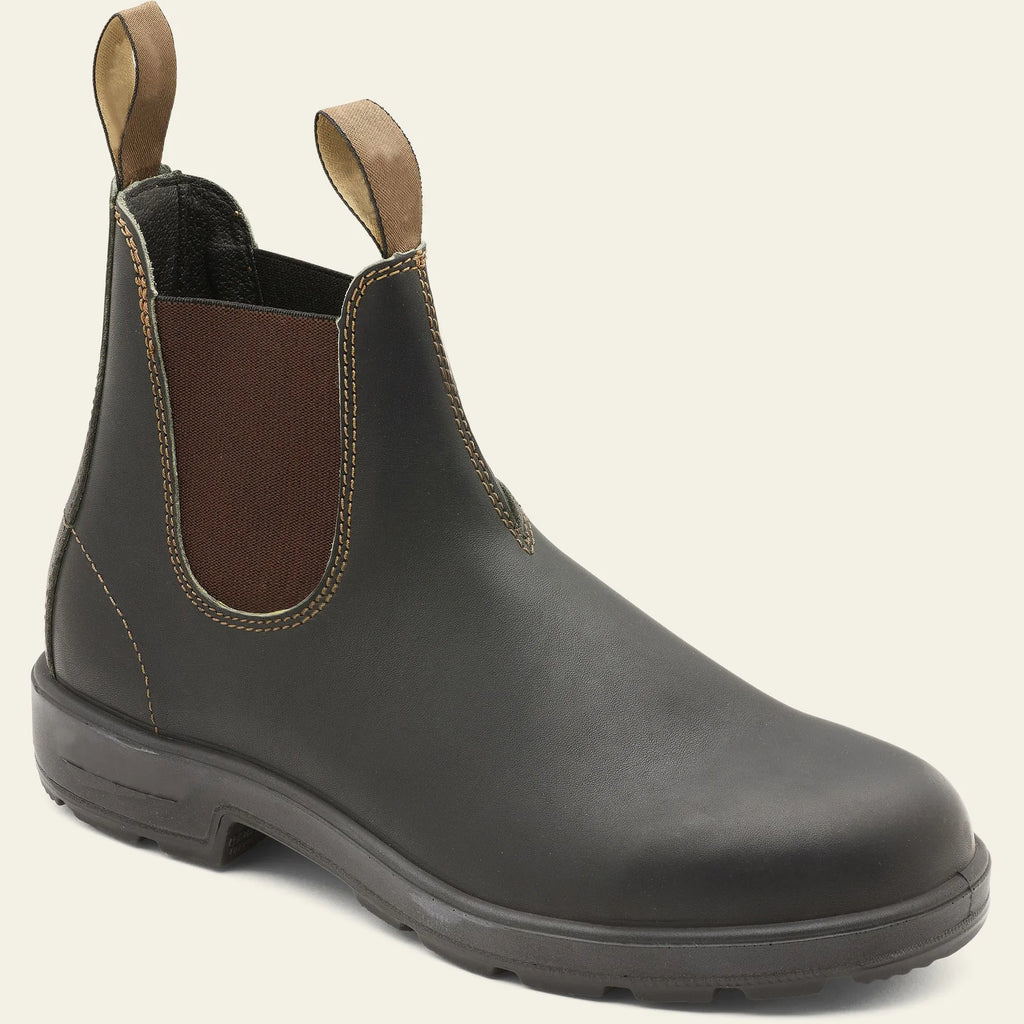 Vintage frosted faux leather Chelsea boots for men and women on a neutral background.