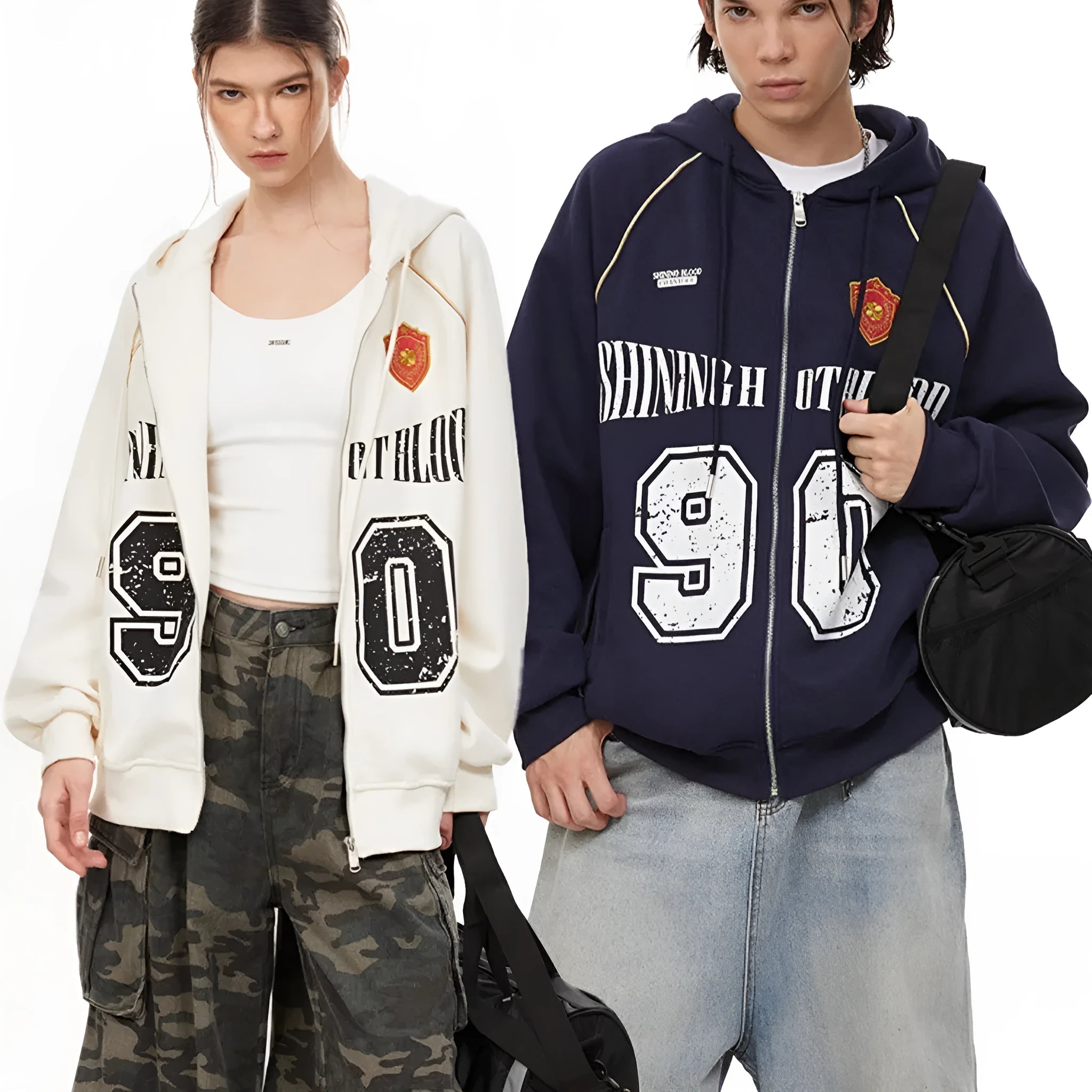 Women's loose-fit American retro hooded jacket with letter embroidery in cotton blend fabric.