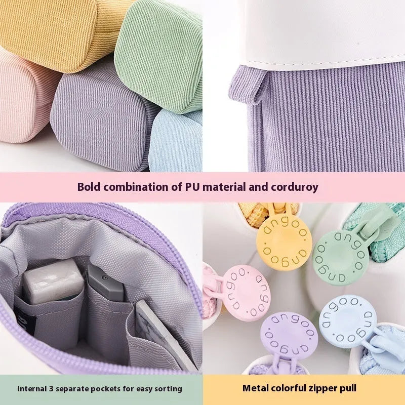 Korean-style telescopic drop-down stationery case in purple PU corduroy fabric.