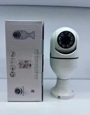 Wireless Wi-Fi bulb security camera with lamp holder base, showing compact 5cm by 12cm size.