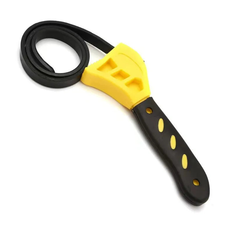 A 6-inch and an 8-inch adjustable rubber strap wrench with a plastic handle and phosphated metal parts.