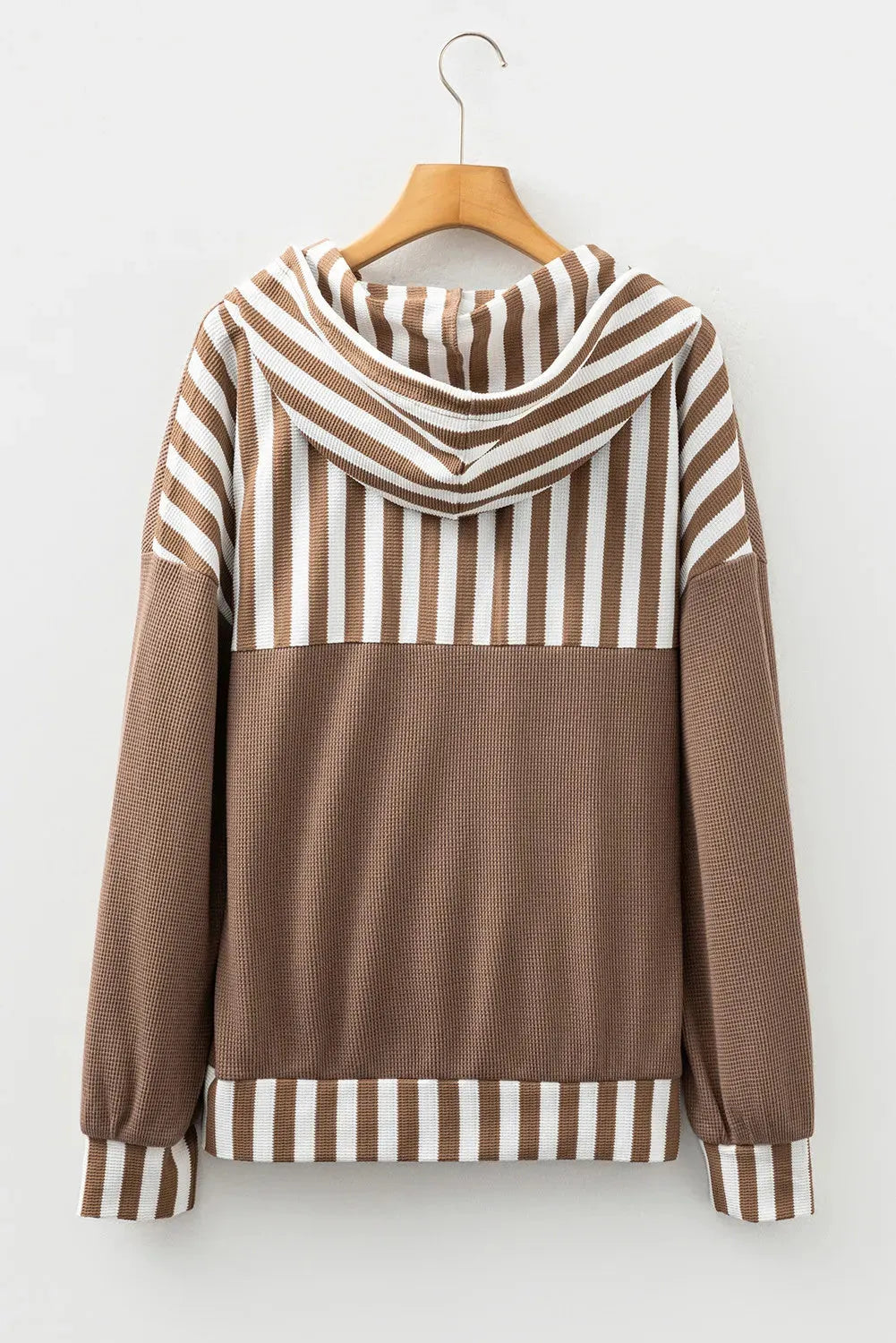 Straw yellow waffle texture ladies hoodie with striped patchwork and button neck closure