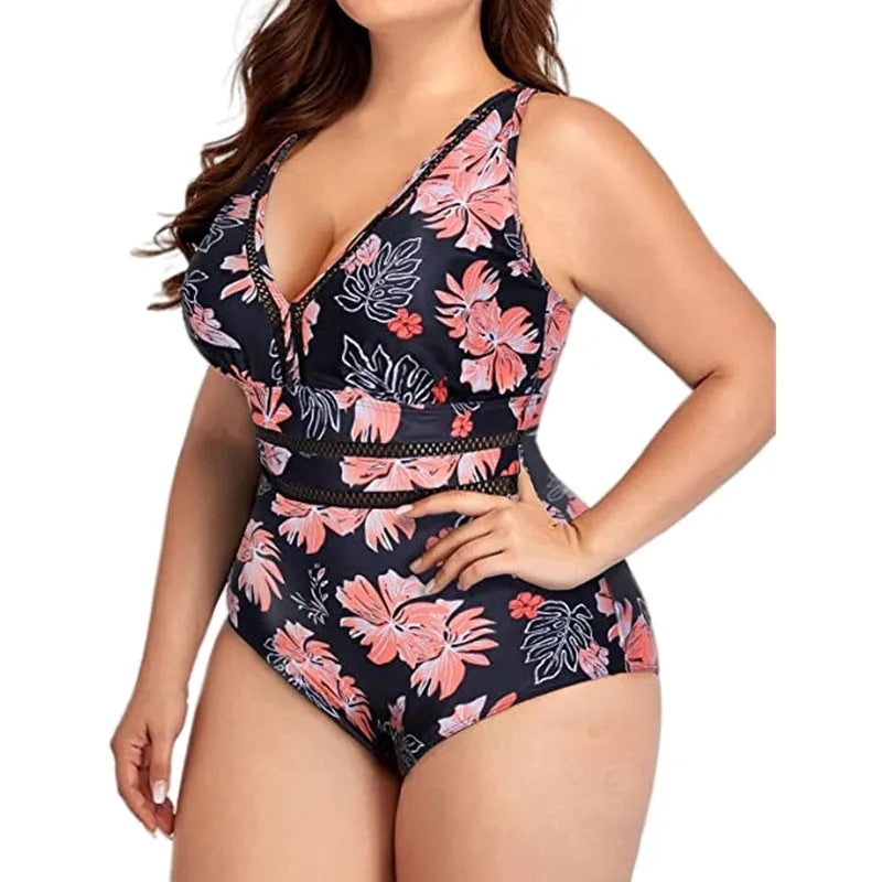 Women's plus size black print bikini swimsuit polyester mesh fabric sizes S to 5XL